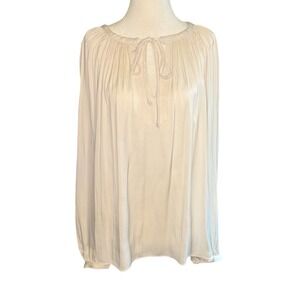 Tahari Oyster White Pleated Tie Neck Blouse XL TH14265 Long Sleeve Keyhole Top